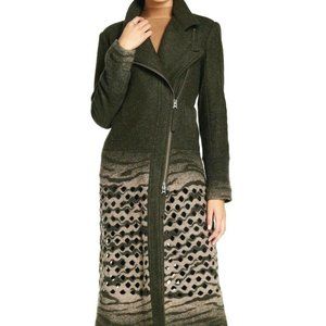 L.A.M.B LASER CUT BOILED WOOL OLIVE GREEN MAXI LONG ZIPPERED COAT SZ 8 NWT